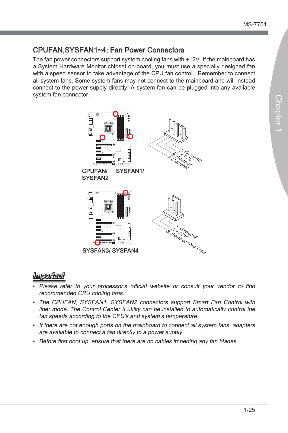 Cpufan,sysfan1~4, Fan power connectors, Chapter 1 | Cpufan,sysfan1~4: fan power connectors, Important | MSI Z77A-GD65 User Manual | Page 35 / 94