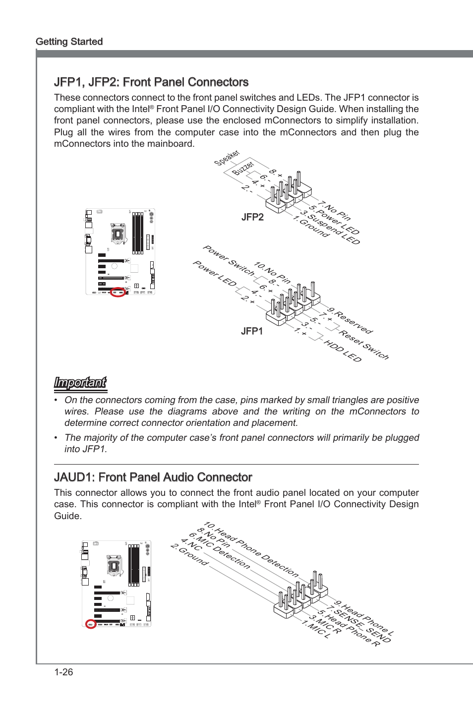 Jaud1, Front panel audo connector, Jfp1, jfp2 | Front panel connectors, Jfp1, jfp2: front panel connectors, Important, Jaud1: front panel audo connector | MSI Z77A-GD65 User Manual | Page 36 / 94