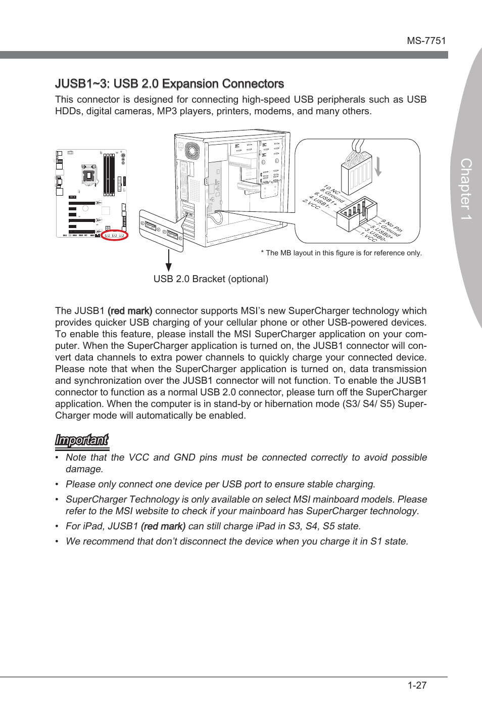 Jusb1~3, Usb 2.0 expanson connectors, Chapter 1 | Jusb1~3: usb 2.0 expanson connectors, Important | MSI Z77A-GD65 User Manual | Page 37 / 94
