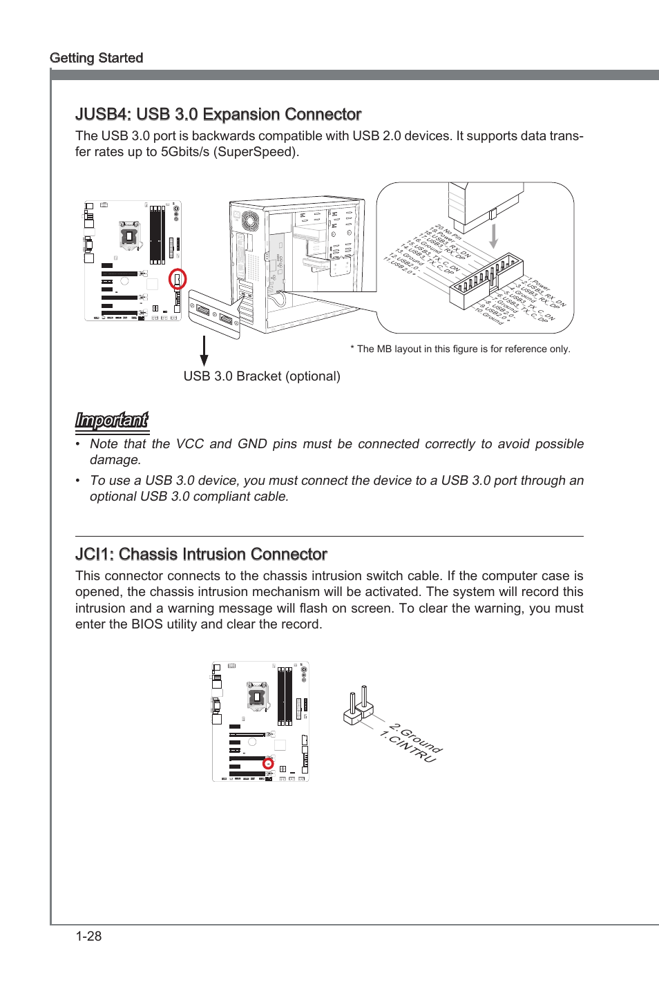 Jci1, Chasss intruson connector, Jusb4 | Usb 3.0 expanson connector, Jusb4: usb 3.0 expanson connector, Important, Jci1: chasss intruson connector, 28 gettng started, Usb 3.0 bracket (optonal), Cin tru 2.gro und | MSI Z77A-GD65 User Manual | Page 38 / 94