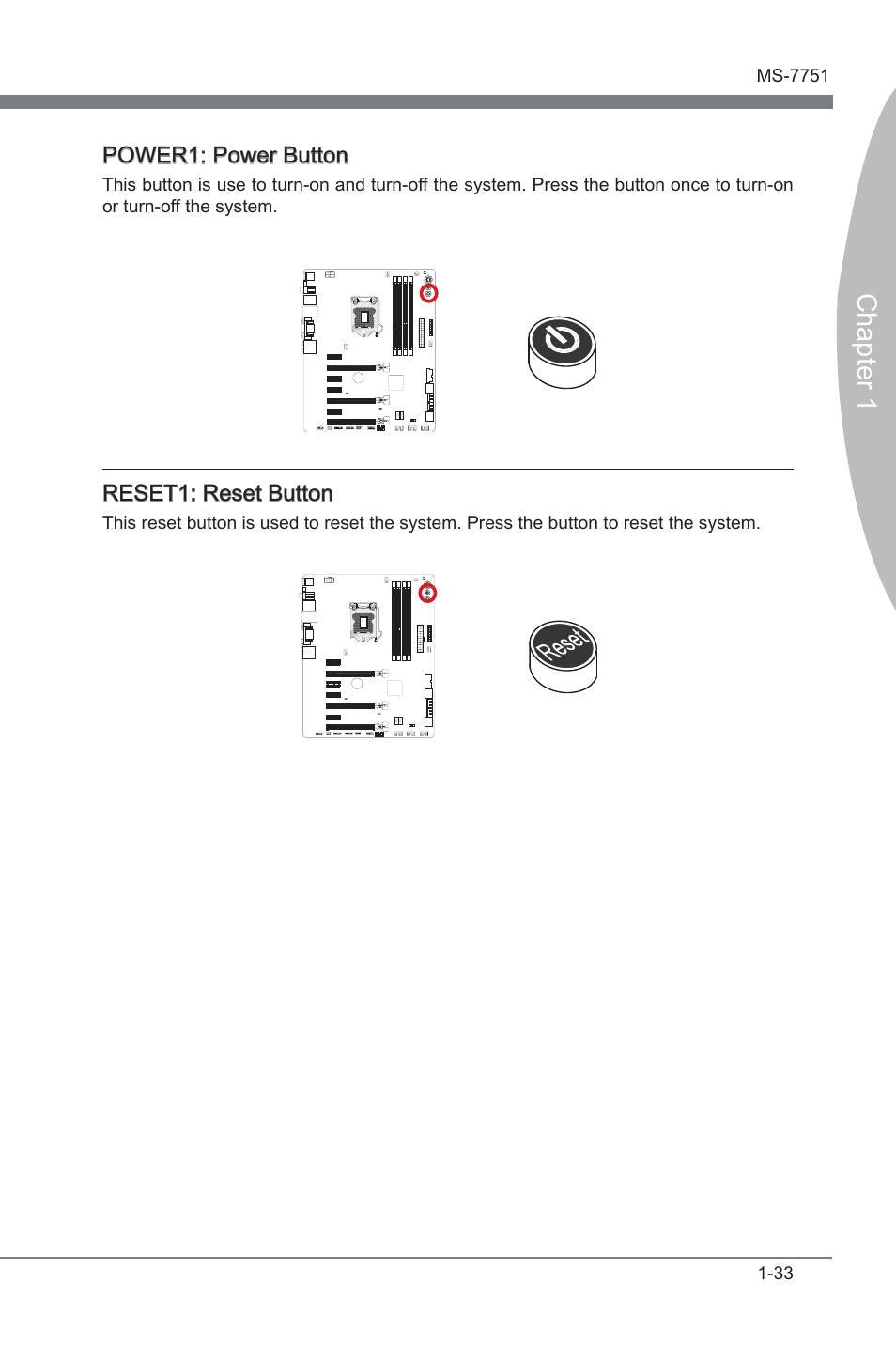 Power1, Power button, Reset1 | Reset button, Chapter 1 | MSI Z77A-GD65 User Manual | Page 43 / 94