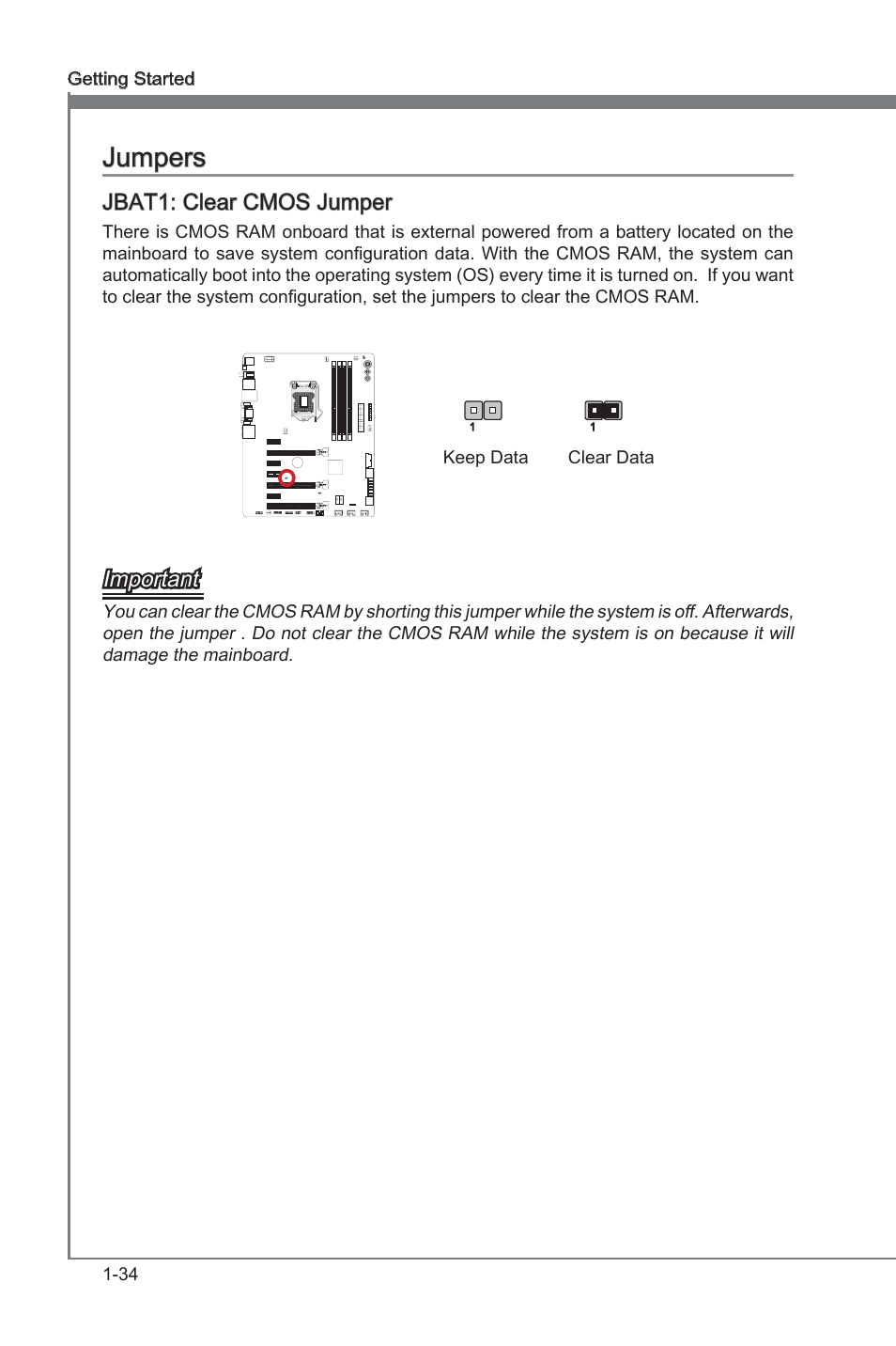 Jumpers, Jumpers -34, Jbat1 | Clear cmos jumper, Jbat1: clear cmos jumper, Important | MSI Z77A-GD65 User Manual | Page 44 / 94