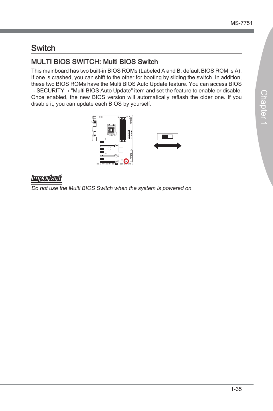 Switch, Swtch -35, Multi bios switch | Mult bios swtch, Chapter 1 swtch | MSI Z77A-GD65 User Manual | Page 45 / 94