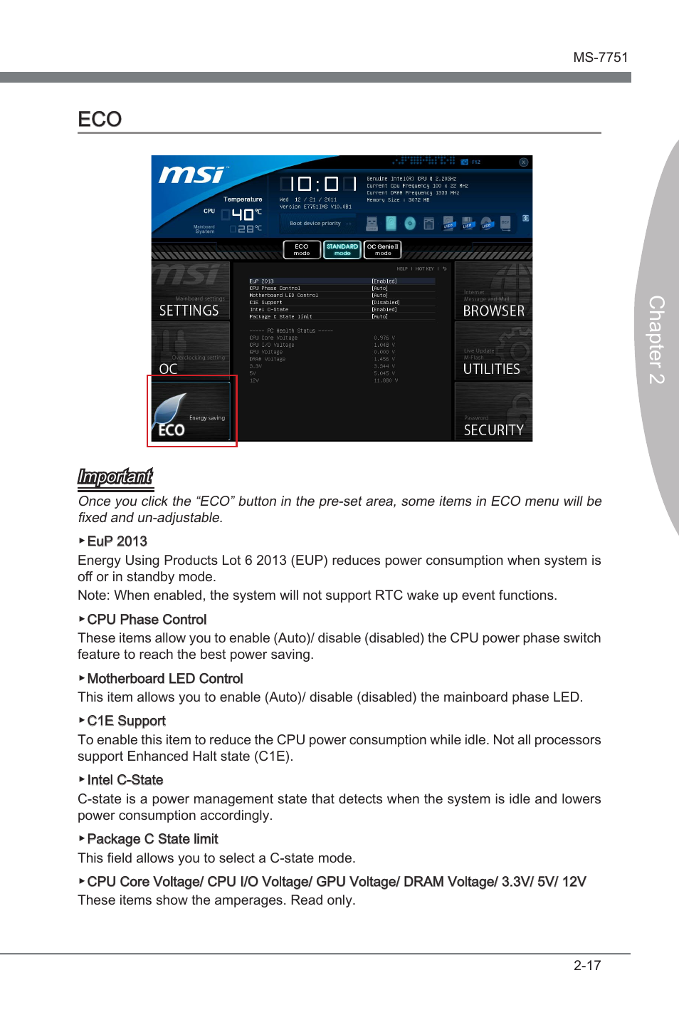 Eco -17, Chapter 2 eco, Important | MSI Z77A-GD65 User Manual | Page 65 / 94