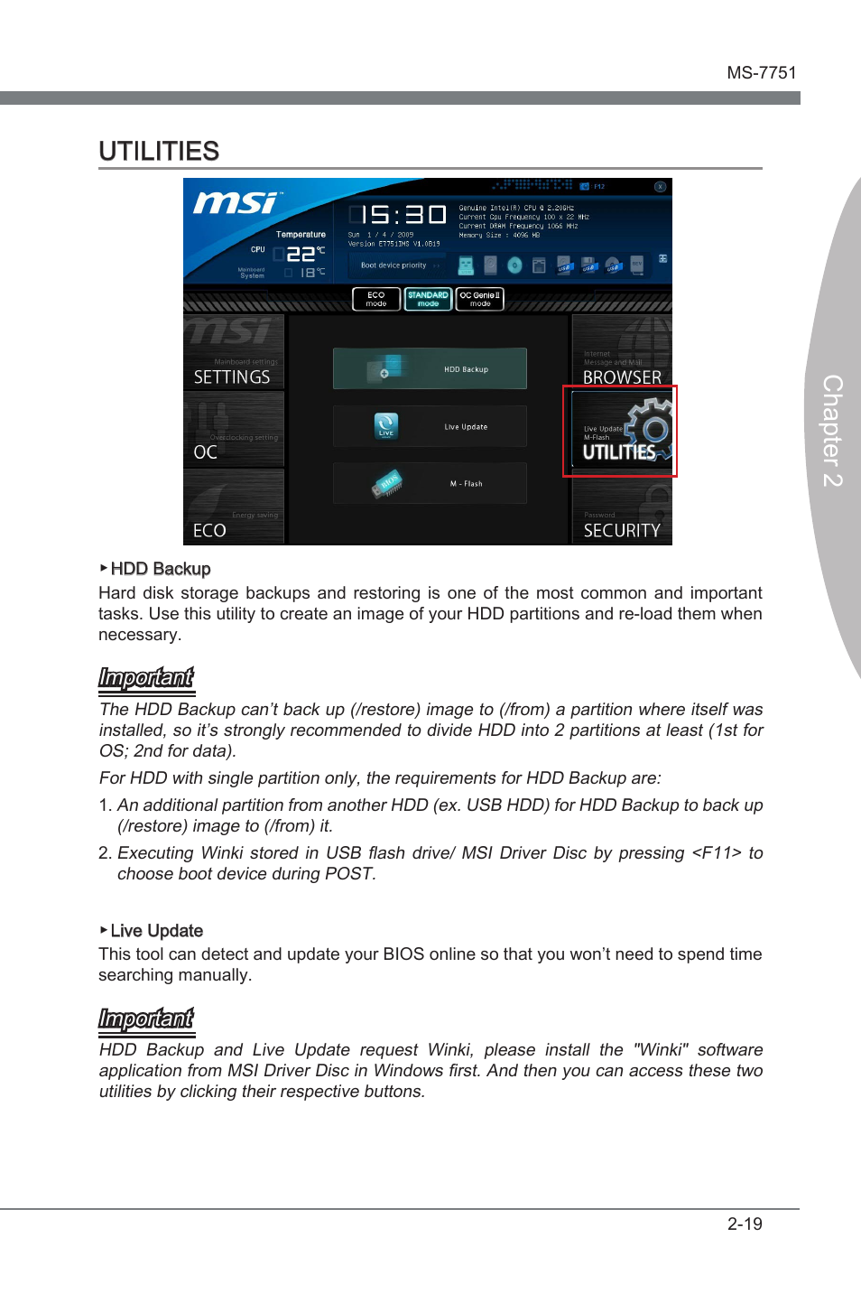 Utilities, Utilities -19, Chapter 2 utilities | Important | MSI Z77A-GD65 User Manual | Page 67 / 94