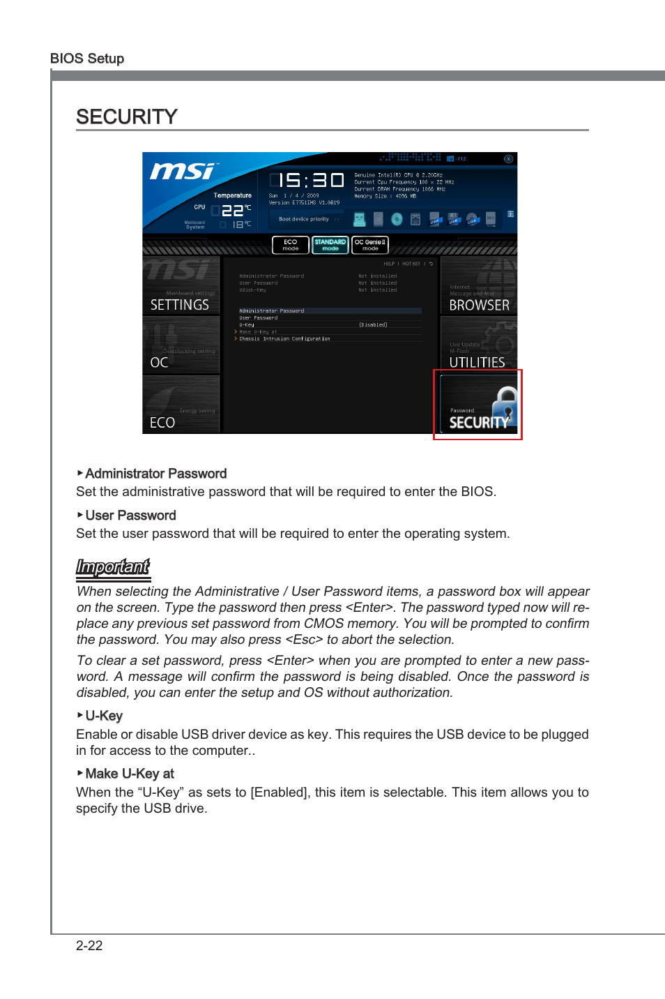 Security, Security -22, Important | MSI Z77A-GD65 User Manual | Page 70 / 94