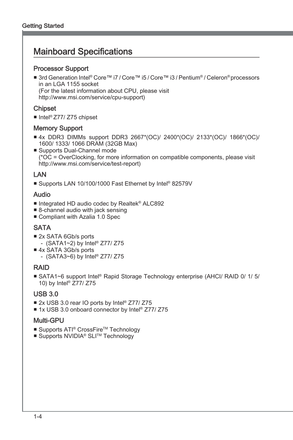 Manboard specficatons -4, Manboard specficatons | MSI Z77A-GD55 User Manual | Page 14 / 90