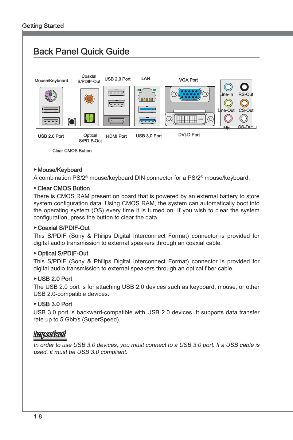 Back panel quck gude -8, Back panel quck gude, Important | MSI Z77A-GD55 User Manual | Page 18 / 90