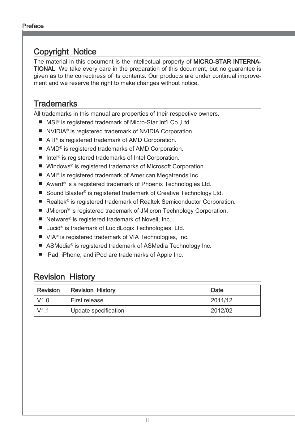 Copyrght notce, Trademarks, Revson hstory | MSI Z77A-GD55 User Manual | Page 2 / 90