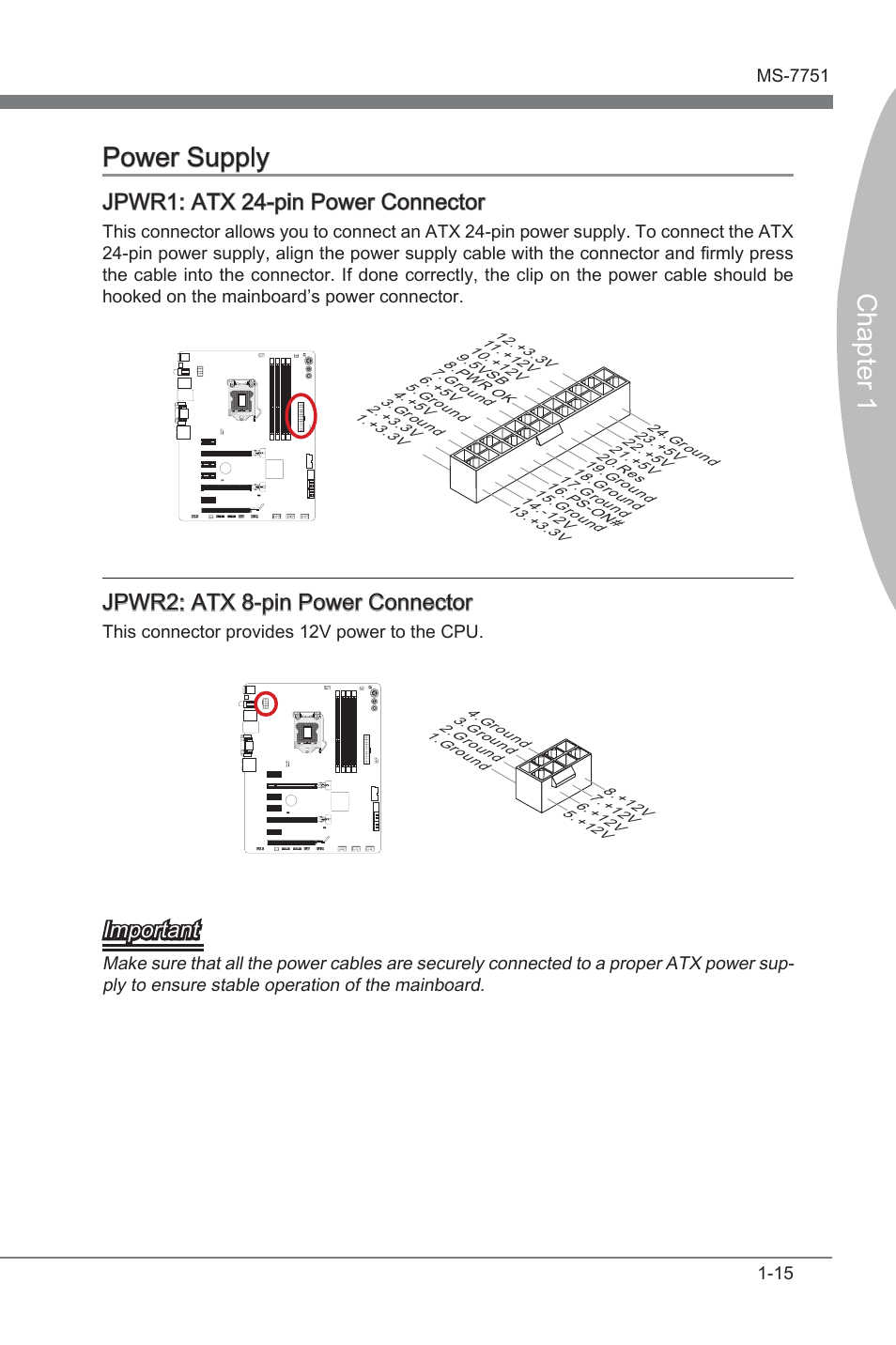 Power supply -15, Jpwr1, Atx 24-pn power connector | Jpwr2, Atx 8-pn power connector, Chapter 1 power supply, Jpwr1: atx 24-pn power connector, Jpwr2: atx 8-pn power connector, Important | MSI Z77A-GD55 User Manual | Page 25 / 90