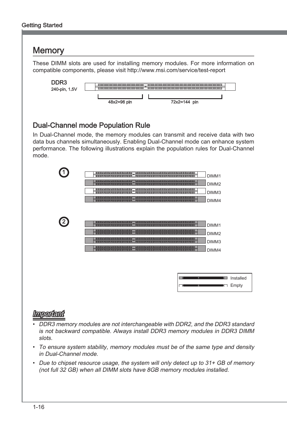 Memory -16, Ddr3 memory slots, Dual-channel mode populaton rule | Important | MSI Z77A-GD55 User Manual | Page 26 / 90