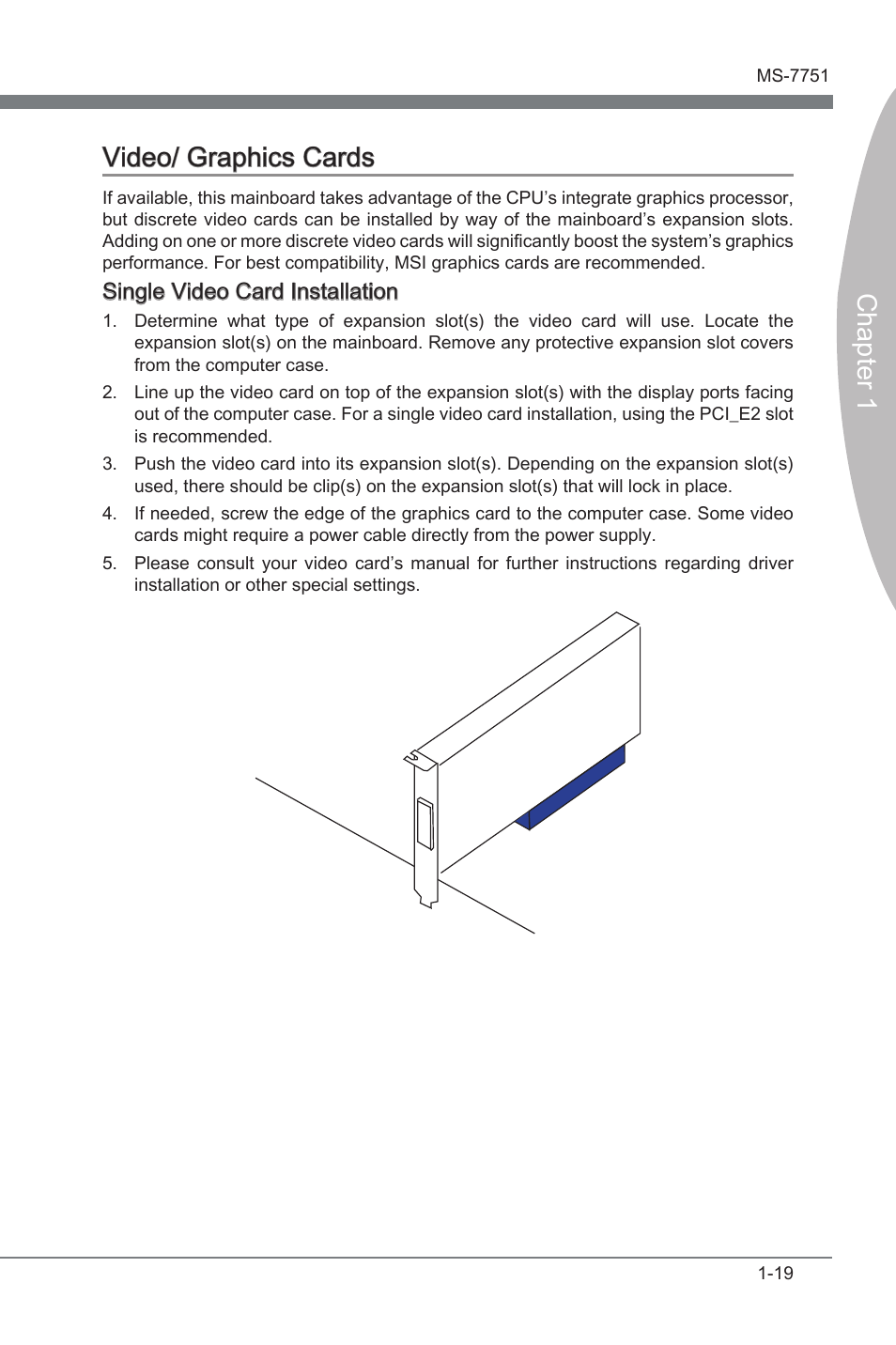 Vdeo/ graphcs cards -19, Chapter 1 vdeo/ graphcs cards, Sngle vdeo card installaton | MSI Z77A-GD55 User Manual | Page 29 / 90