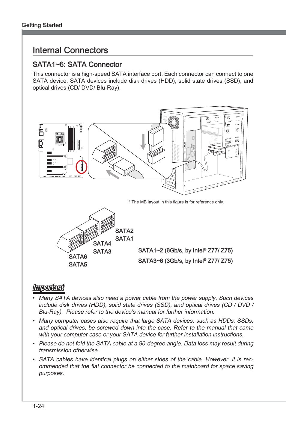 Internal connectors -24, Internal connectors, Sata1~6: sata connector | Important | MSI Z77A-GD55 User Manual | Page 34 / 90