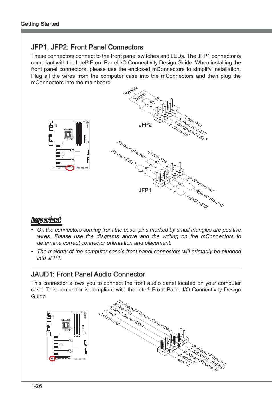 Jaud1, Front panel audo connector, Jfp1, jfp2 | Front panel connectors, Jfp1, jfp2: front panel connectors, Important, Jaud1: front panel audo connector | MSI Z77A-GD55 User Manual | Page 36 / 90