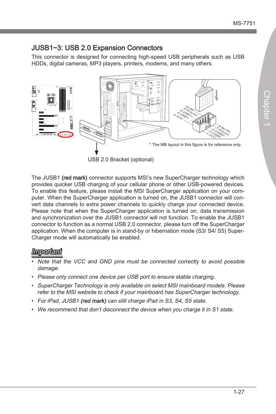 Jusb1~3, Usb 2.0 expanson connectors, Chapter 1 | Jusb1~3: usb 2.0 expanson connectors, Important | MSI Z77A-GD55 User Manual | Page 37 / 90