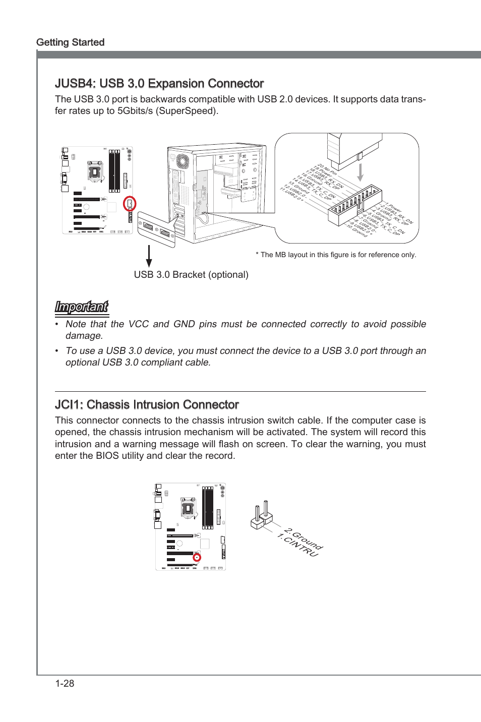 Jci1, Chasss intruson connector, Jusb4 | Usb 3.0 expanson connector, Jusb4: usb 3.0 expanson connector, Important, Jci1: chasss intruson connector, 28 gettng started, Usb 3.0 bracket (optonal), Cin tru 2.gro und | MSI Z77A-GD55 User Manual | Page 38 / 90