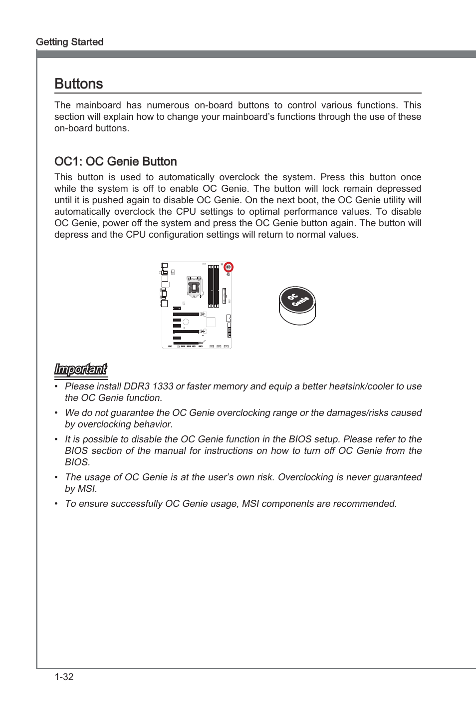 Buttons -32, Oc gene button, Buttons | Oc1: oc gene button, Important | MSI Z77A-GD55 User Manual | Page 42 / 90