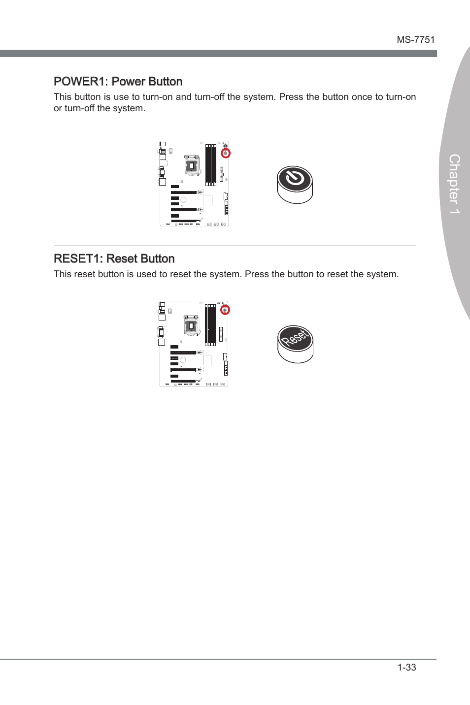 Power1, Power button, Reset1 | Reset button, Chapter 1 | MSI Z77A-GD55 User Manual | Page 43 / 90