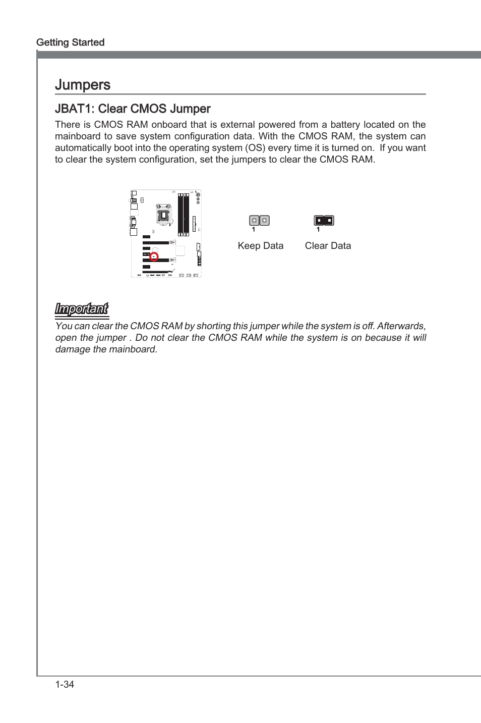 Jumpers -34, Jbat1, Clear cmos jumper | Jumpers, Jbat1: clear cmos jumper, Important | MSI Z77A-GD55 User Manual | Page 44 / 90