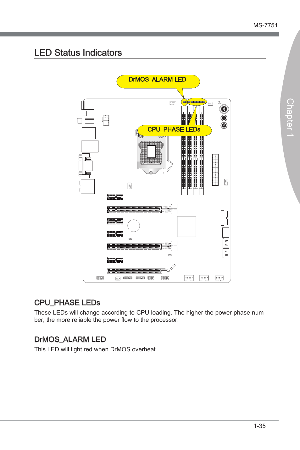 Led status indcators -35, Chapter 1 led status indcators | MSI Z77A-GD55 User Manual | Page 45 / 90