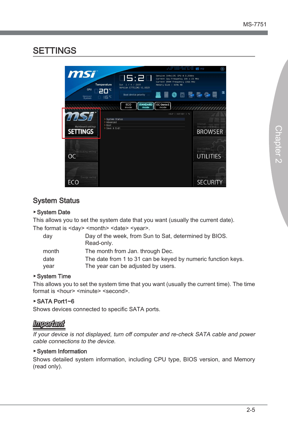 Settings -5, Chapter 2 settings, System status | Important | MSI Z77A-GD55 User Manual | Page 51 / 90