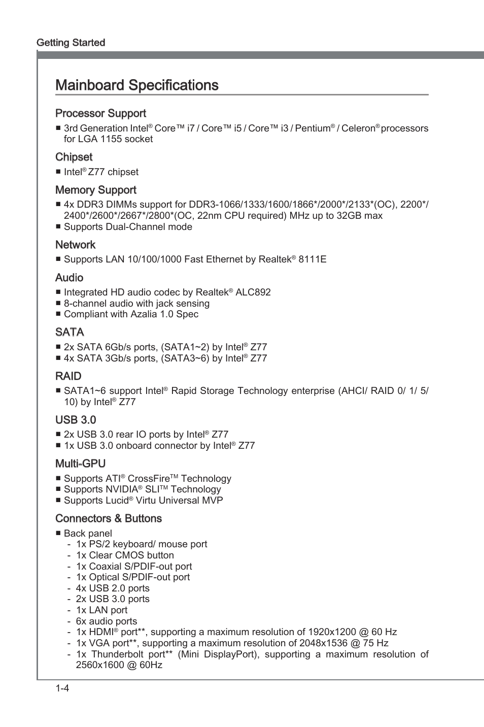 Manboard specficatons -4, Manboard specficatons | MSI Z77A-G45 Thunderbolt User Manual | Page 16 / 96