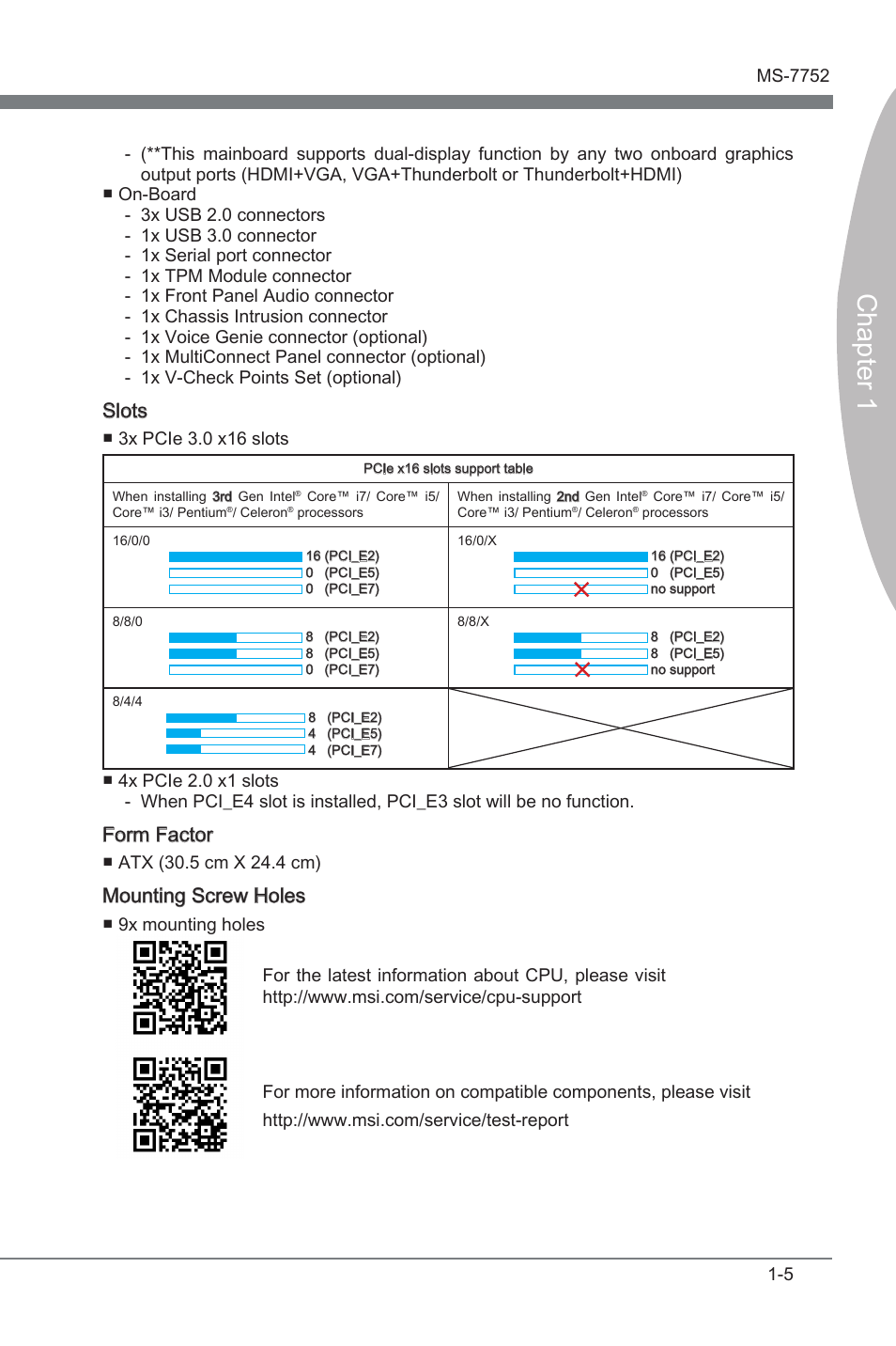 Chapter 1, Slots, Form factor | Mountng screw holes | MSI Z77A-G45 Thunderbolt User Manual | Page 17 / 96