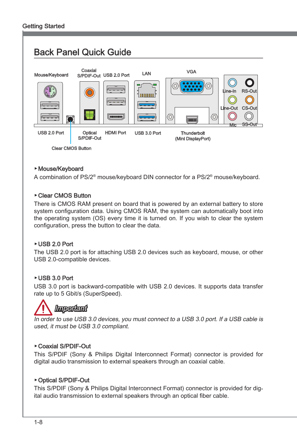 Back panel quck gude -8, Back panel quck gude, Important | MSI Z77A-G45 Thunderbolt User Manual | Page 20 / 96