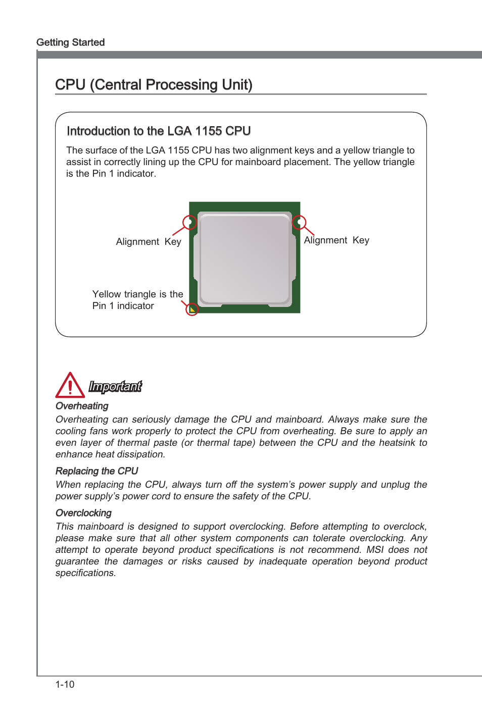Cpu (central processng unt) -10, Cpu (central processng unt), Introducton to the lga 1155 cpu | Important | MSI Z77A-G45 Thunderbolt User Manual | Page 22 / 96