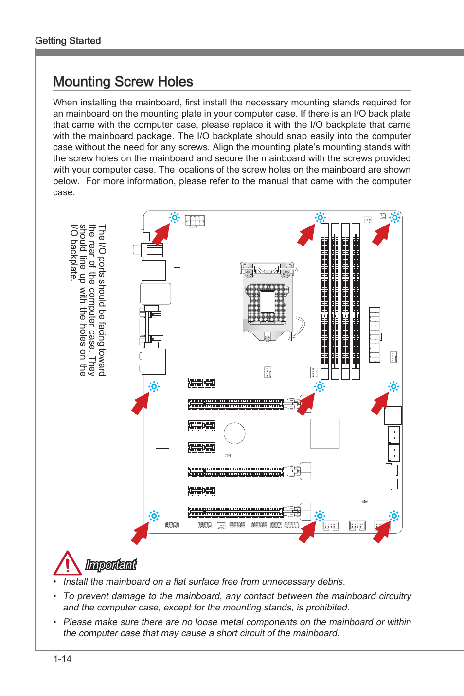 Mountng screw holes -14, Mountng screw holes, Important | MSI Z77A-G45 Thunderbolt User Manual | Page 26 / 96