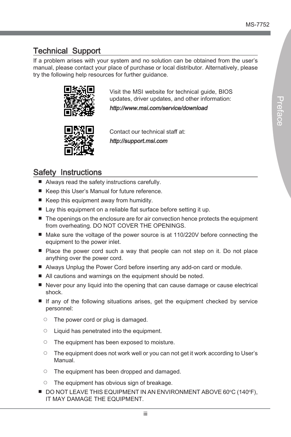 Preface, Techncal support, Safety instructons | MSI Z77A-G45 Thunderbolt User Manual | Page 3 / 96