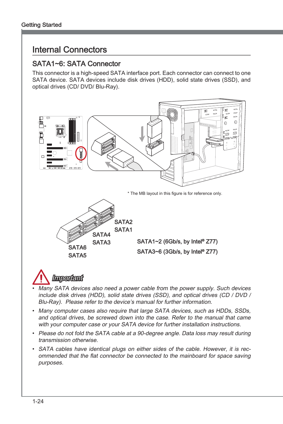 Sata1~6: sata connector, Internal connectors -24, Sata 6gb/s connectors | Sata 3gb/s connectors, Internal connectors, Important | MSI Z77A-G45 Thunderbolt User Manual | Page 36 / 96