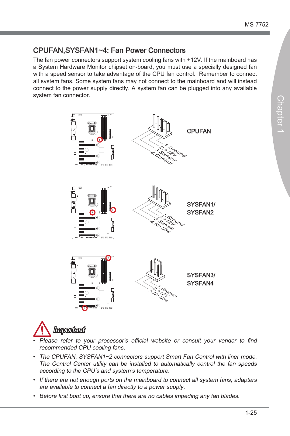 Cpufan,sysfan1~4: fan power connectors, Cpufan,sysfan1~4, Fan power connectors | Chapter 1, Important | MSI Z77A-G45 Thunderbolt User Manual | Page 37 / 96