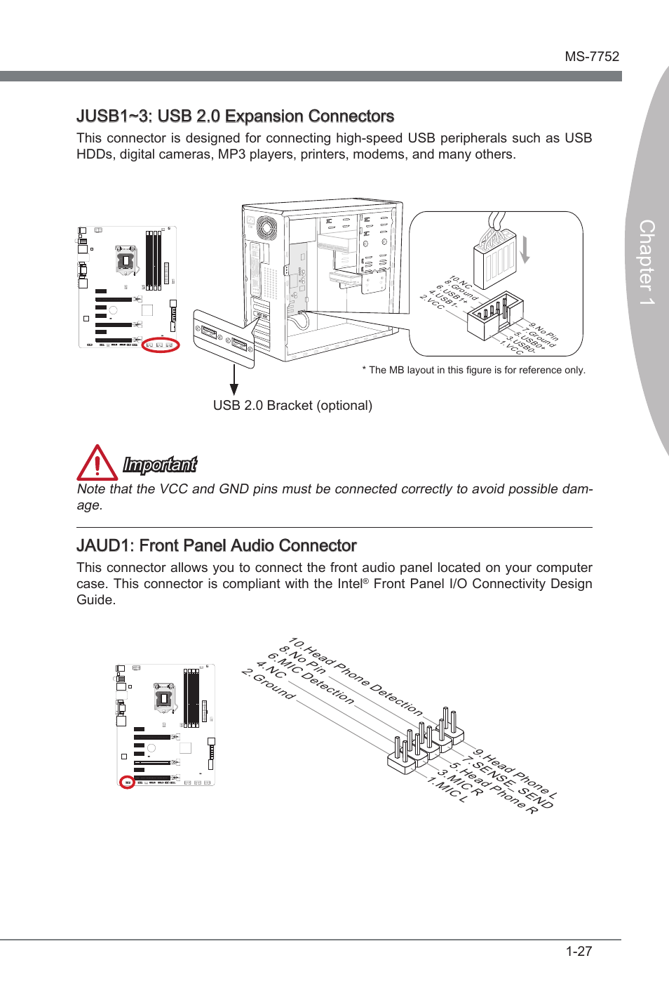 Jaud1: front panel audio connector, Jusb1~3: usb 2.0 expansion connectors, Jaud1 | Front panel audo connector, Jusb1~3, Usb 2.0 expanson connectors, Chapter 1, Jusb1~3: usb 2.0 expanson connectors, Important, Jaud1: front panel audo connector | MSI Z77A-G45 Thunderbolt User Manual | Page 39 / 96