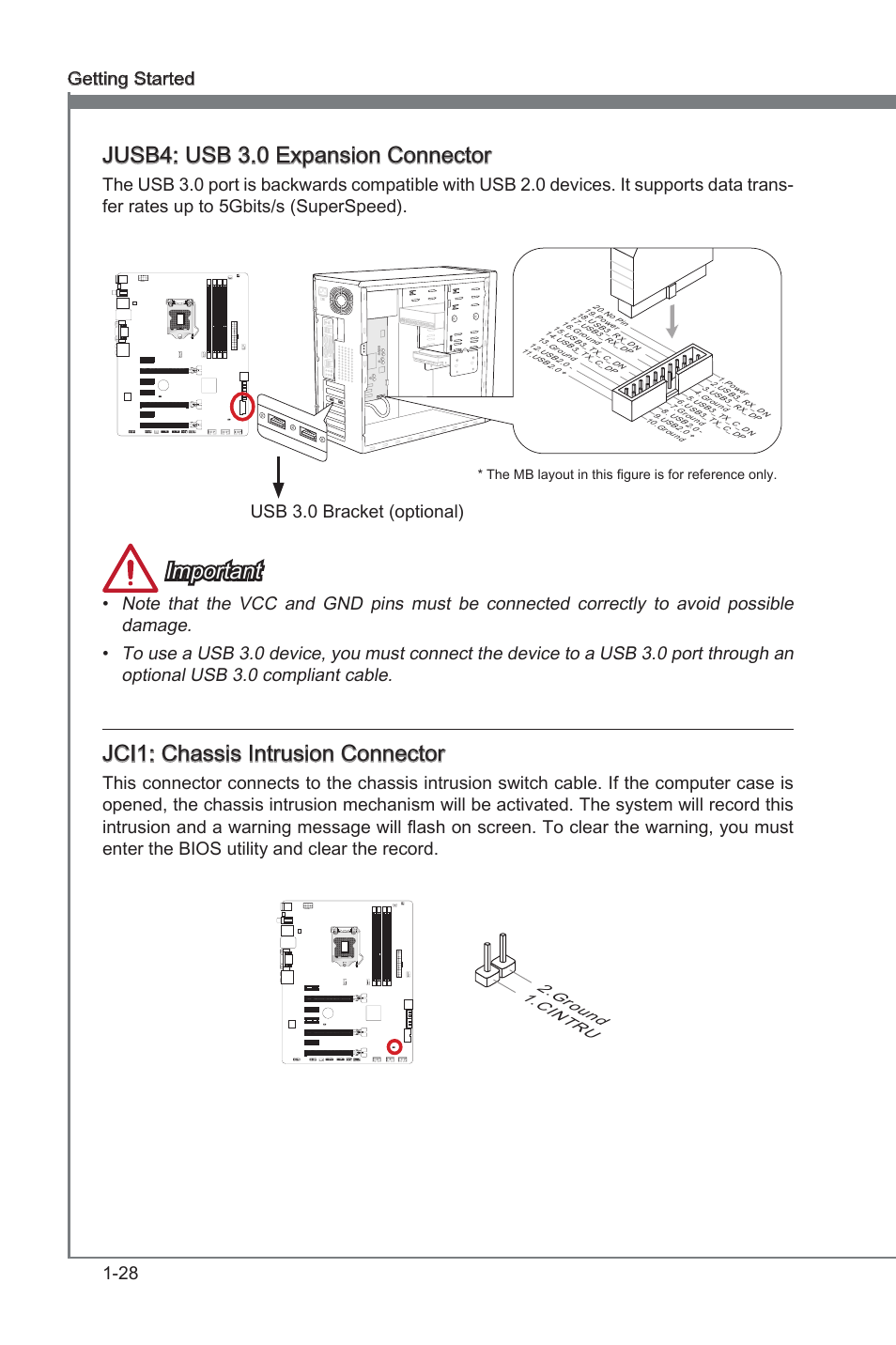 Jci1: chassis intrusion connector, Jusb4: usb 3.0 expansion connector, Jci1 | Chasss intruson connector, Jusb4, Usb 3.0 expanson connector, Jusb4: usb 3.0 expanson connector, Important, Jci1: chasss intruson connector, 28 gettng started | MSI Z77A-G45 Thunderbolt User Manual | Page 40 / 96