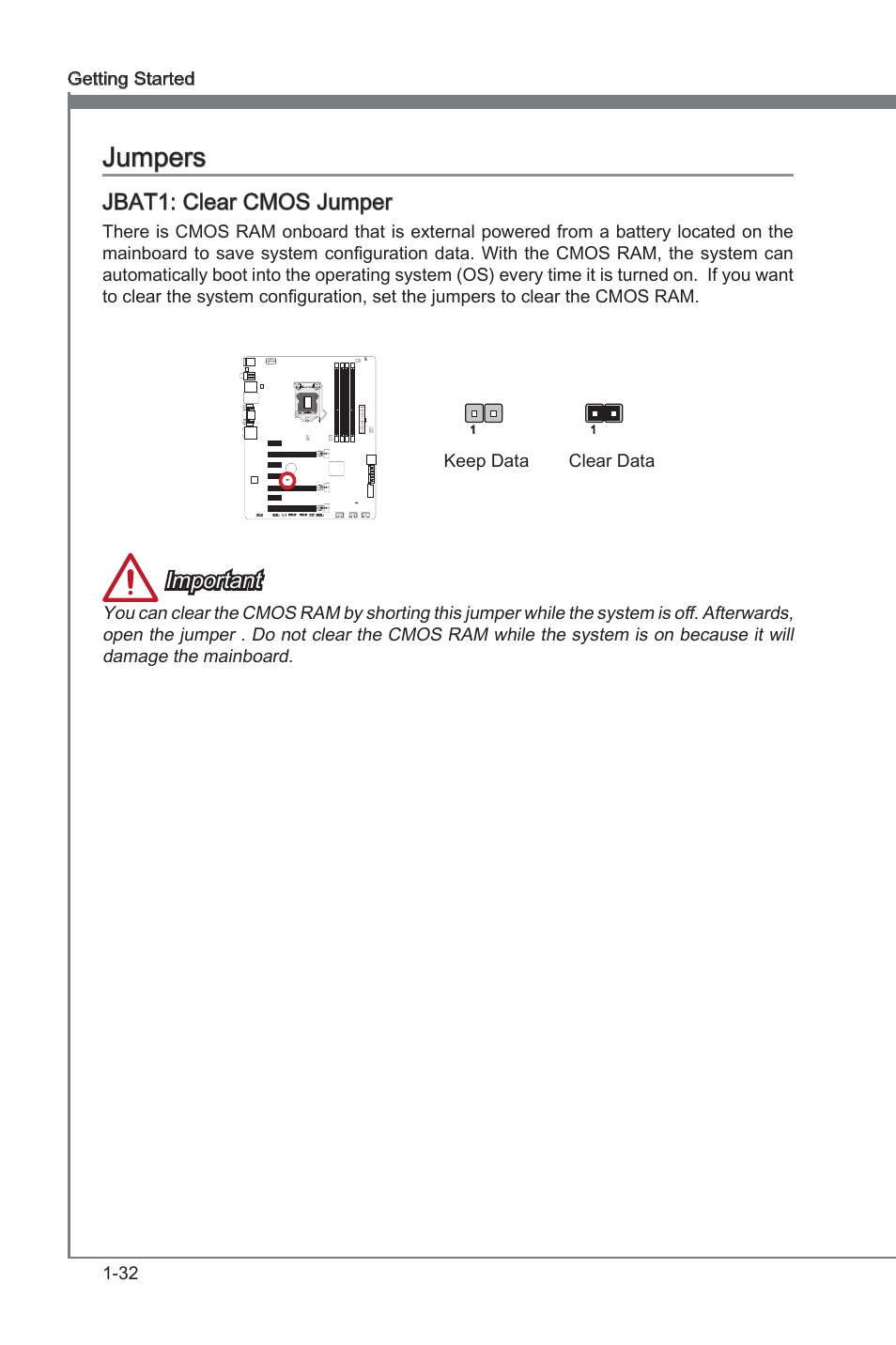 Jbat1: clear cmos jumper, Jumpers -32, Jbat1 | Clear cmos jumper, Jumpers, Important | MSI Z77A-G45 Thunderbolt User Manual | Page 44 / 96