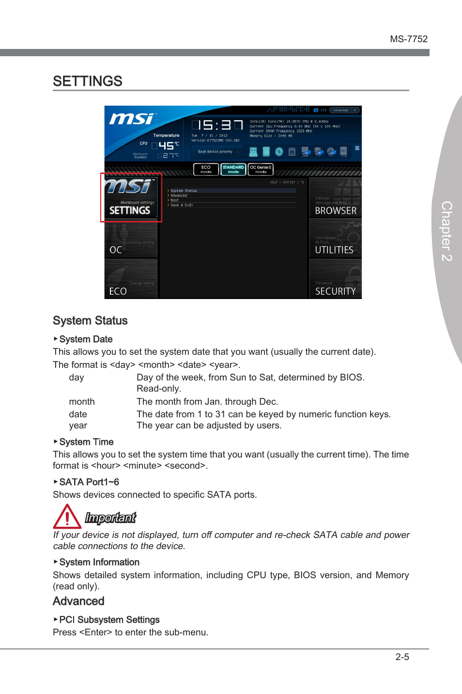 Settings -5, Chapter 2 settings, System status | Important, Advanced | MSI Z77A-G45 Thunderbolt User Manual | Page 51 / 96