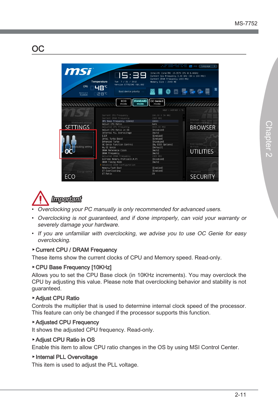 Oc -11, Chapter 2 oc, Important | MSI Z77A-G45 Thunderbolt User Manual | Page 57 / 96