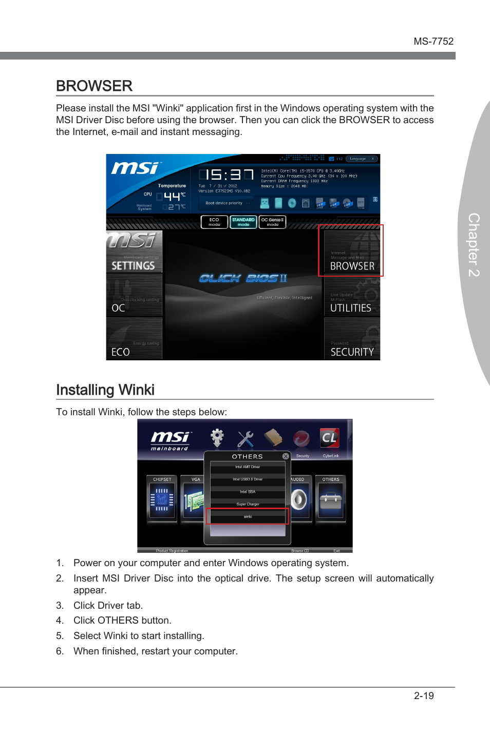 Browser -19 installng wnk -19, Chapter 2 browser, Installng wnk | MSI Z77A-G45 Thunderbolt User Manual | Page 65 / 96