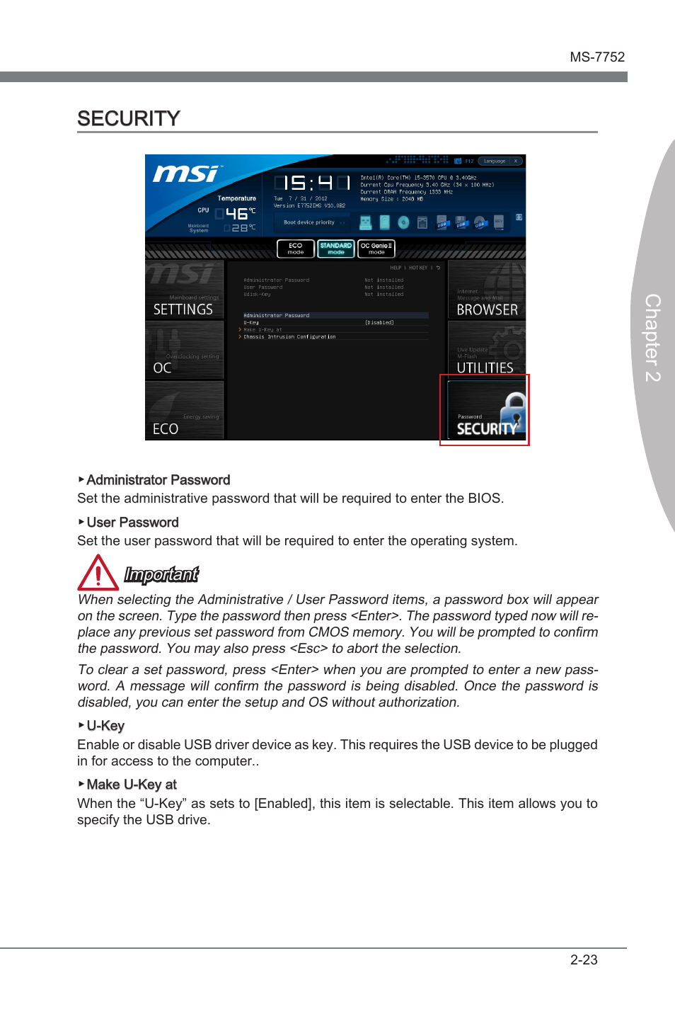 Security -23, Chapter 2 security, Important | MSI Z77A-G45 Thunderbolt User Manual | Page 69 / 96