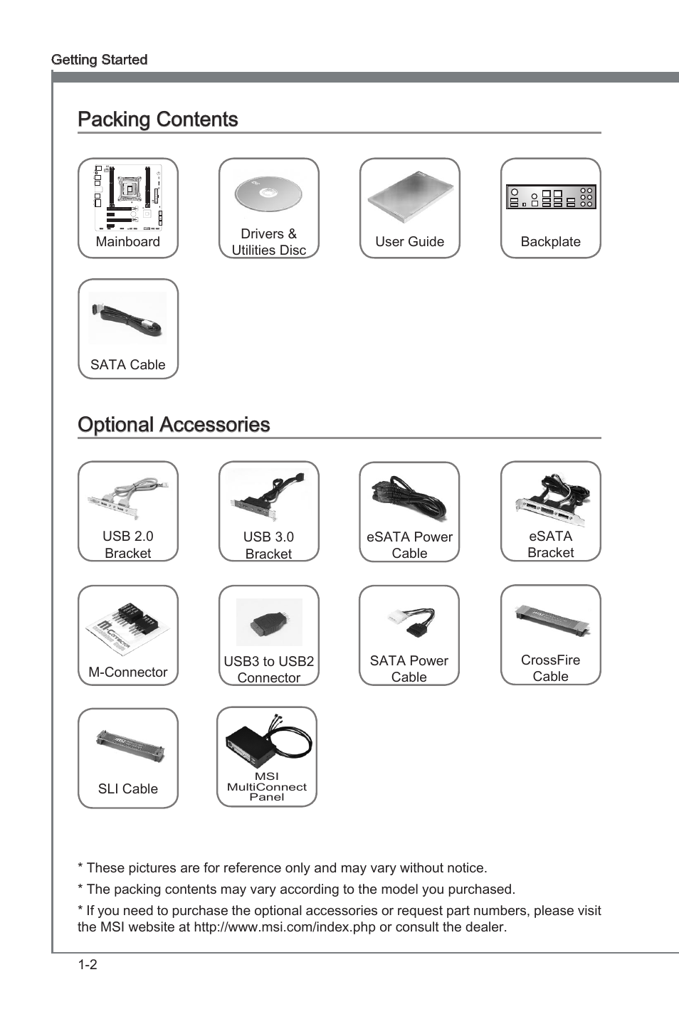 Packng contents -2 optonal accessores -2, Packng contents, Optonal accessores | MSI Z77MA-G45 User Manual | Page 12 / 80