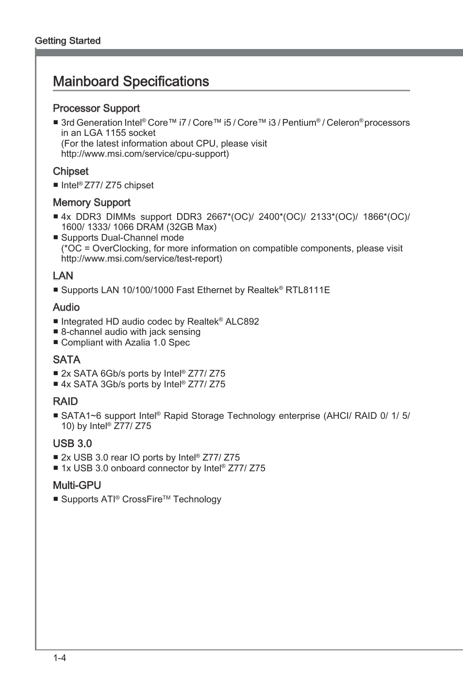 Manboard specficatons -4, Manboard specficatons | MSI Z77MA-G45 User Manual | Page 14 / 80
