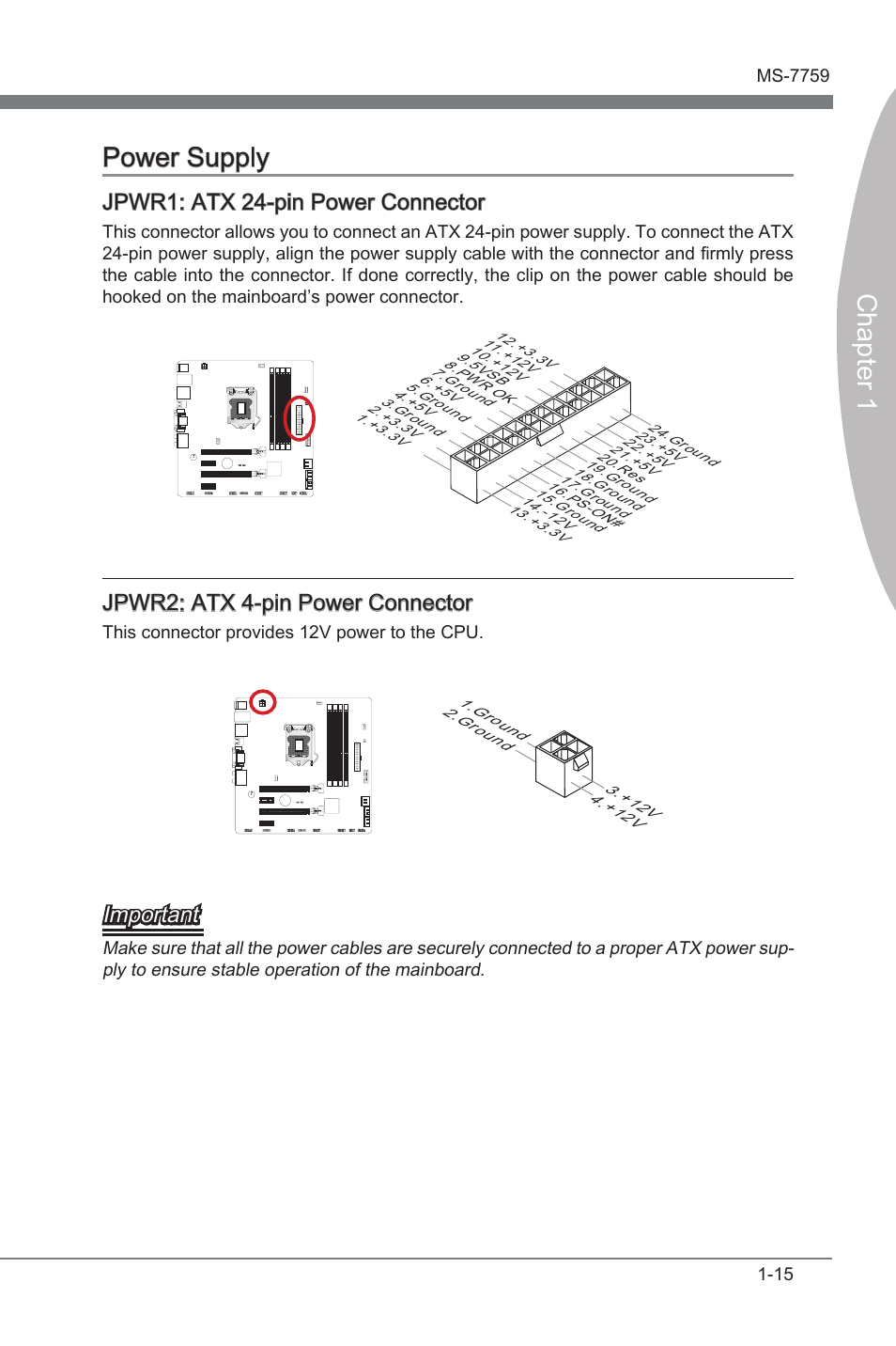 Power supply -15, Jpwr1, Atx 24-pn power connector | Jpwr2, Atx 4-pn power connector, Chapter 1 power supply, Jpwr1: atx 24-pn power connector, Jpwr2: atx 4-pn power connector, Important | MSI Z77MA-G45 User Manual | Page 25 / 80