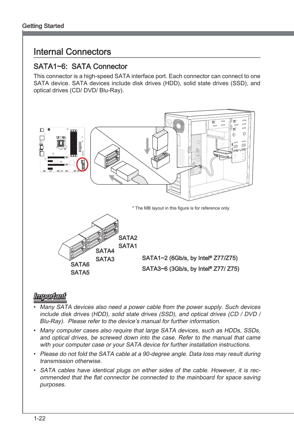 Internal connectors -22, Internal connectors, Sata1~6: sata connector | Important | MSI Z77MA-G45 User Manual | Page 32 / 80