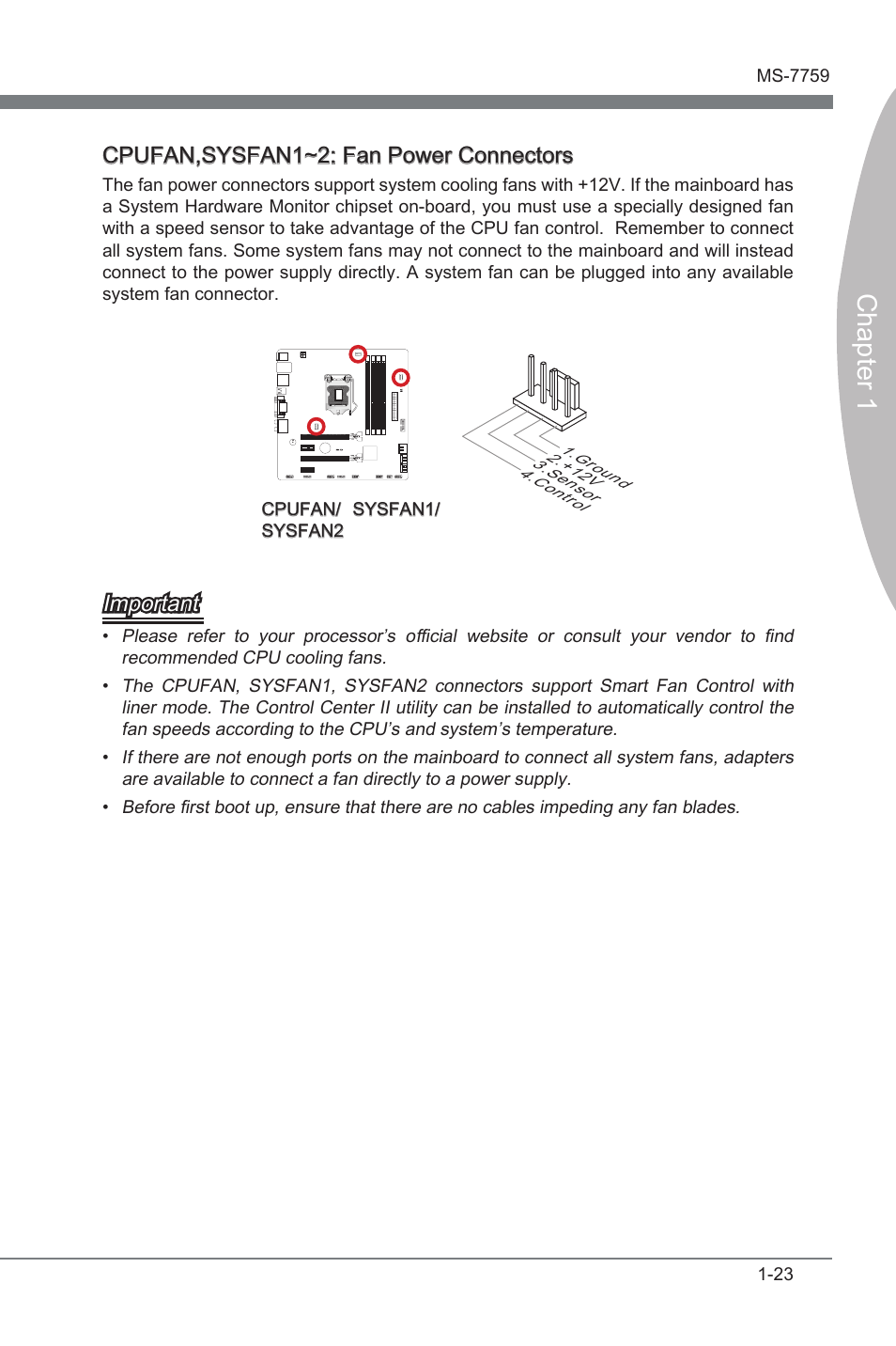 Cpufan,sysfan1~2 fan power connectors, Chapter 1, Cpufan,sysfan1~2: fan power connectors | Important | MSI Z77MA-G45 User Manual | Page 33 / 80