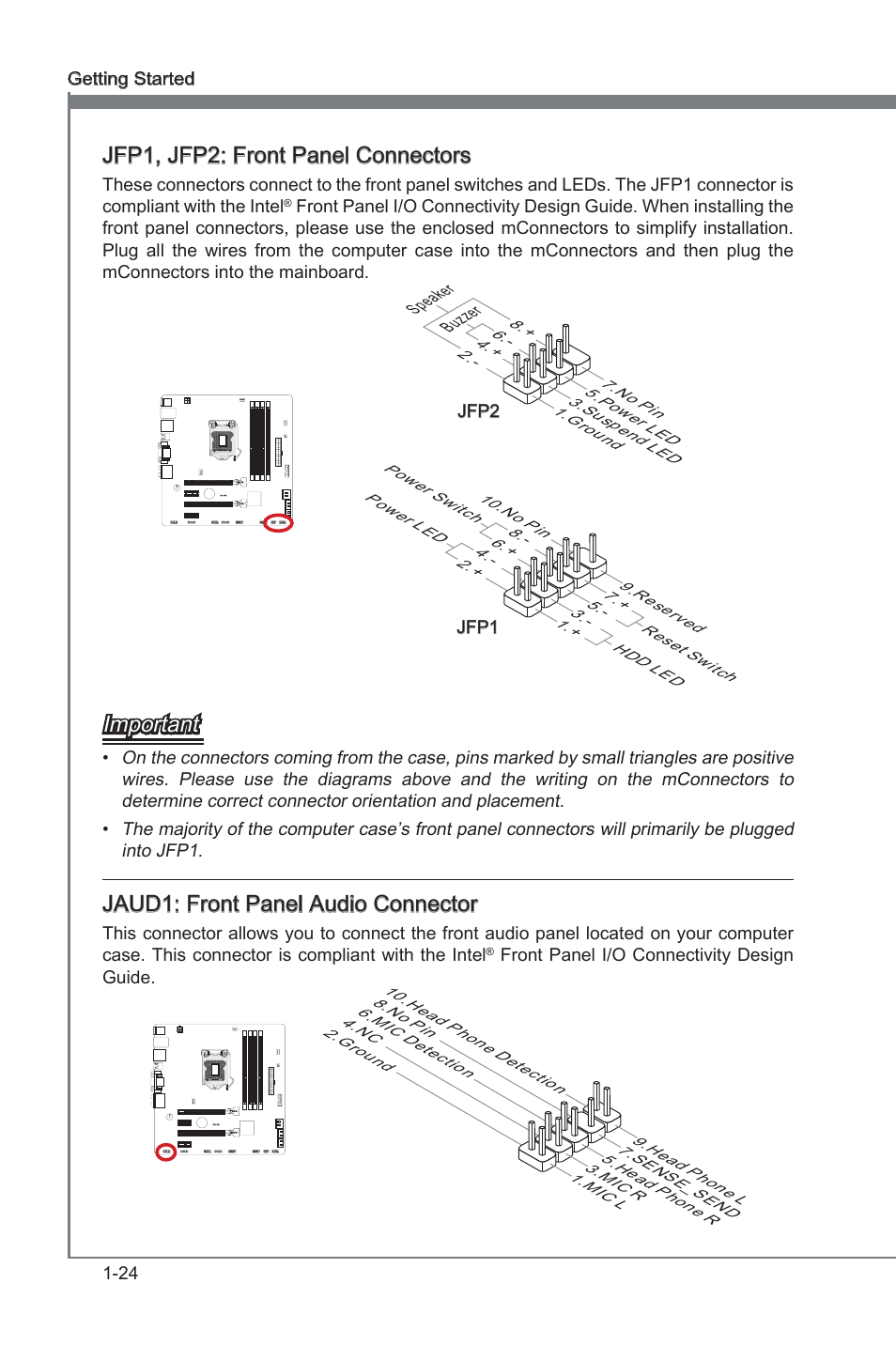 Jaud1, Front panel audo connector, Jfp1, jfp2 | Front panel connectors, Jfp1, jfp2: front panel connectors, Important, Jaud1: front panel audo connector | MSI Z77MA-G45 User Manual | Page 34 / 80