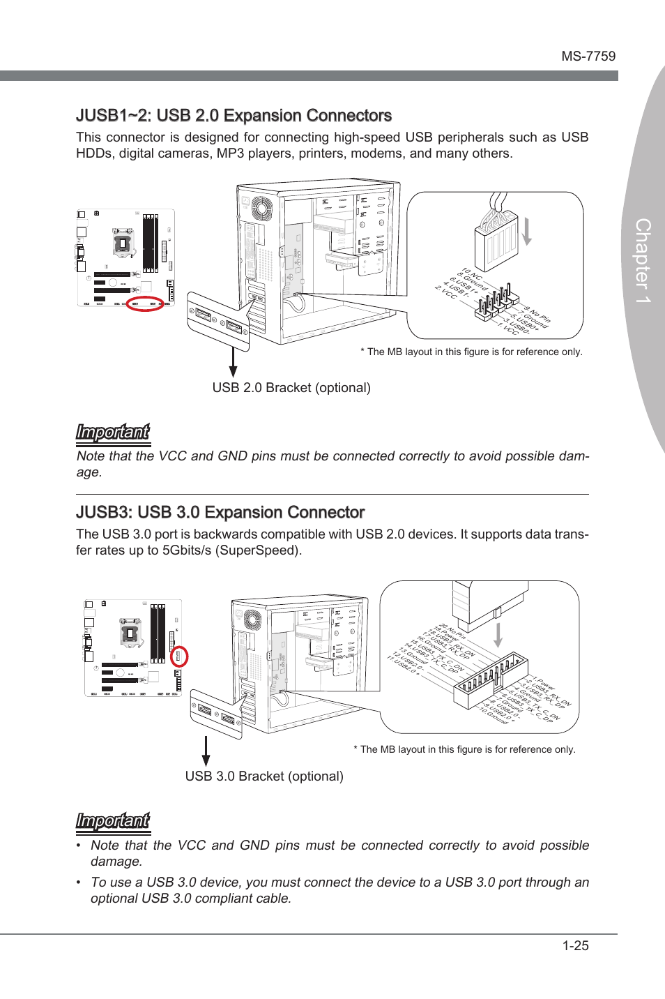 Jusb1~2, Usb 2.0 expanson connectors, Jusb3 | Usb 3.0 expanson connector, Chapter 1, Jusb1~2: usb 2.0 expanson connectors, Important, Jusb3: usb 3.0 expanson connector, Usb 2.0 bracket (optonal), Usb 3.0 bracket (optonal) | MSI Z77MA-G45 User Manual | Page 35 / 80