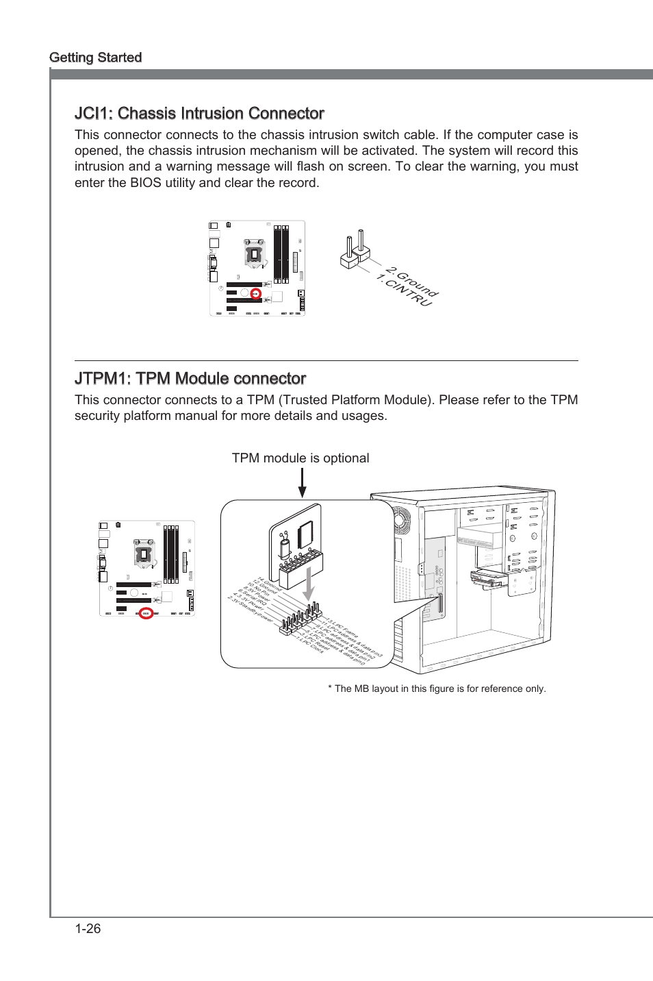Jci1, Chasss intruson connector, Jtpm1 | Tpm module connector, Jci1: chasss intruson connector, Jtpm1: tpm module connector, 26 gettng started, Tpm module s optonal, Cin tru 2.gro und | MSI Z77MA-G45 User Manual | Page 36 / 80