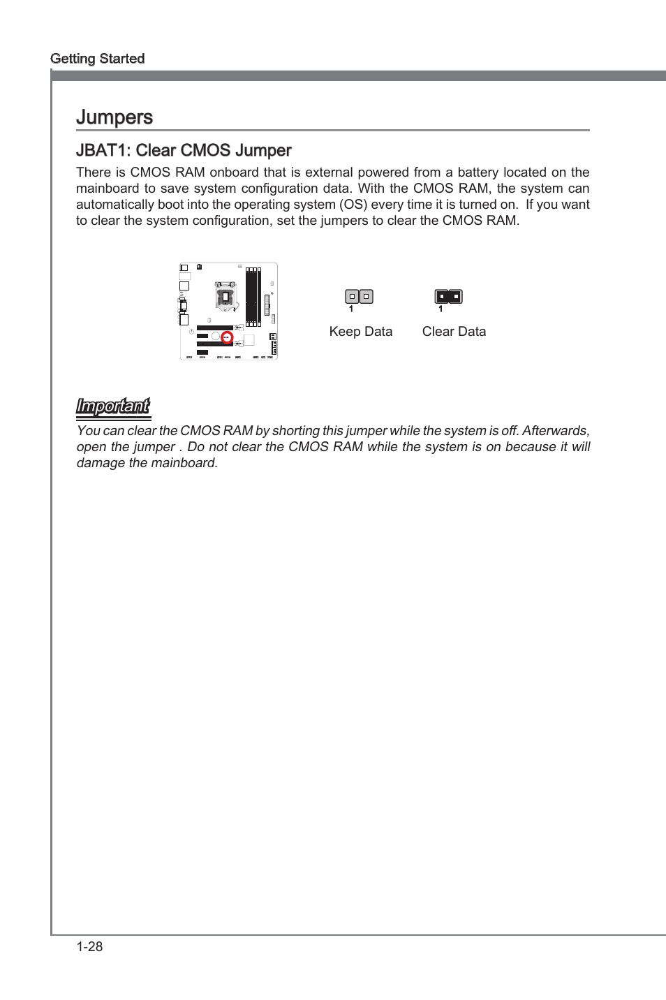 Jumpers -28, Jbat1, Clear cmos jumper | Jumpers, Jbat1: clear cmos jumper, Important | MSI Z77MA-G45 User Manual | Page 38 / 80