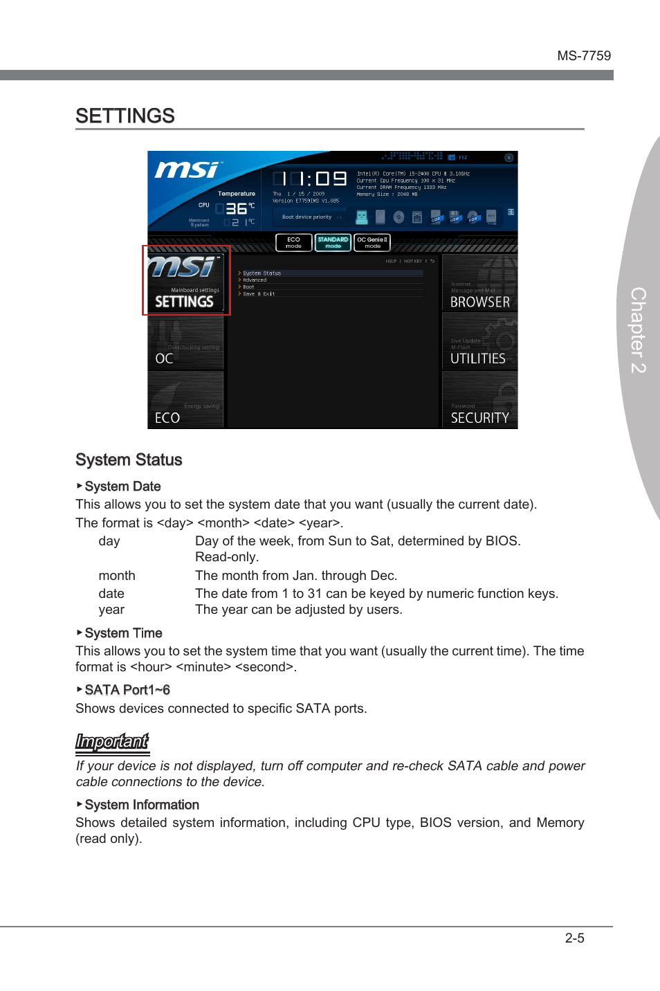 Settings -5, Chapter 2 settings, System status | Important | MSI Z77MA-G45 User Manual | Page 43 / 80